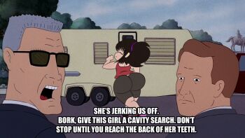 1girl 2boys agent_bork agent_flemming ass beavis_and_butt-head black_hair black_shorts brown_hair camper_trailer closed_eyes clueless day derivative_work grey_hair highres huge_ass kyojiri_loli loli long_hair looking_at_another mizuki_ichiro multiple_boys open_mouth outdoors parody ponytail recreational_vehicle red_shirt rokku-d scene_reference screenshot_redraw shirt shorts sky statue sunglasses talking thick_thighs thighs third-party_edit trailer walking wide_hips