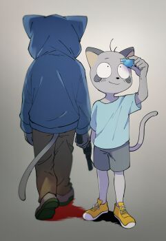 1boy aged_down black_shorts blue_hoodie blue_shirt cat_boy colored_shadow cougar eraser from_behind furry furry_male grey_background grey_footwear grey_fur gun highres holding holding_gun holding_weapon hood hoodie light_blush odd_taxi omochiutyu shadow shirt shoes shorts sneakers snout tanaka_hajime_(odd_taxi) weapon yellow_shoes