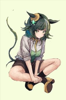 Rule 34 | 1girl, animal ears, black socks, breasts, brown shorts, closed mouth, commentary request, ears through headwear, full body, green eyes, green hair, green vest, hat, horse ears, horse girl, horse tail, jacket, kiseki (miracle author) (umamusume), kiseki (umamusume), multicolored hair, shirt, shoes, short hair, shorts, simple background, sitting, socks, solo, streaked hair, tail, umamusume, vest, white jacket, white shirt, white streaks, yanagi wakana, yellow hat