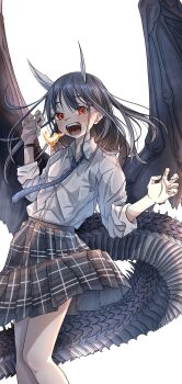 1girl absurdres aoki_ruri black_hair blue_necktie blush breath_weapon breathing_fire collared_shirt commentary_request dragon_girl dragon_horns dragon_tail dragon_wings eyelashes fire highres horns kagura_(05410zura) long_hair long_sleeves looking_at_viewer necktie open_mouth plaid_clothes plaid_skirt pleated_skirt polka_dot_necktie red_eyes ruridragon school_uniform sharp_teeth shirt sidelocks simple_background skirt sleeves_rolled_up slit_pupils solo standing swept_bangs tail teeth white_background white_shirt wings