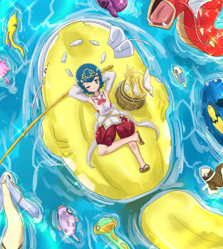 1girl alternate_color arms_behind_head blue_eyes blue_hair brown_sandals closed_mouth commentary_request detached_sleeves dondozo fangs feebas fish from_above gaoren7 gen_1_pokemon gen_3_pokemon gen_4_pokemon gen_7_pokemon gorebyss gyarados huntail lana_(new_year's_2026)_(pokemon) lana_(pokemon) lumineon lying magikarp milotic nintendo no_sclera official_alternate_costume on_back one_eye_closed open_mouth pokemon pokemon_(creature) pokemon_masters_ex red_shorts riding riding_pokemon sandals shiny_pokemon shirt short_hair shorts smile sparkle water white_shirt wishiwashi wishiwashi_(school) wishiwashi_(solo)