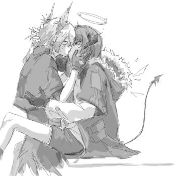 2girls arknights closed_eyes commentary english_commentary eudaemonm fiammetta_(arknights) french_kiss gloves halo hand_on_another&#039;s_head head_wings highres hood hood_down horns jacket kiss layered_sleeves long_sleeves mostima_(arknights) multiple_girls shirt short_over_long_sleeves short_sleeves shorts simple_background sitting tail white_background wings yuri