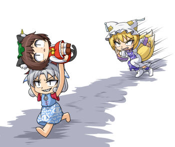 3girls animal_ear_fluff animal_ears barefoot blonde_hair blue_shirt blue_skirt blue_tabard bow bowtie brown_hair brown_shoes carrying carrying_person cat_ears cat_girl cat_tail chasing chen commentary deformed detached_sleeves dress earrings fangs fox_ears fox_girl fox_tail frilled_skirt frills goat_horns green_hat hat hidaruma horns jewelry long_sleeves mob_cap motion_lines multiple_girls multiple_tails open_mouth red_skirt red_sleeves red_vest running sharp_teeth shirt shoes short_hair single_earring skirt slit_pupils socks speed_lines tabard tail teeth touhou toutetsu_yuuma two_tails vest white_background white_dress white_hair white_hat white_shirt white_socks yakumo_ran yellow_bow yellow_bowtie