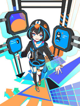 1girl animal_hood arch_linux arrow_(symbol) bird black_hair black_jacket black_shorts black_thighhighs blue_eyes blue_hair collarbone commentary commission crossed_bangs from_above full_body garter_straps hair_between_eyes highres hologram holographic_interface hood hood_up hooded_jacket ideolo jacket linux logo long_sleeves looking_at_viewer multicolored_hair open_mouth orange_shoes os-tan pac-man_(game) penguin personification pixel_art pixiv_commission puffy_long_sleeves puffy_sleeves sharp_teeth shoes short_hair short_shorts shorts solo square standing streaked_hair teeth thigh_strap thighhighs two-tone_hair
