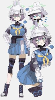 ! 1girl absurdres animal_ear_headwear animal_ears bag belt belt_pouch black_bag black_belt black_boots black_gloves black_shirt blue_archive blue_eyes blue_sailor_collar blue_serafuku blue_shirt blue_skirt blush bob_cut boots breasts chibi closed_mouth combat_helmet elbow_pads fake_animal_ears full_body gloves green_halo gun hair_between_eyes halo hand_on_own_arm hat helmet hhalo highres holding holding_unworn_clothes holding_unworn_hat knee_pads large_breasts leaning_forward long_sleeves looking_at_viewer multiple_views neckerchief odmised pleated_skirt pouch pout purple_hair raglan_sleeves sailor_collar school_uniform serafuku shirt short_hair shoulder_bag simple_background skirt sleeve_cuffs speech_bubble spoken_exclamation_mark standing tactical_clothes tactical_school_uniform turtleneck undershirt unworn_hat unworn_headwear v-shaped_eyebrows weapon white_helmet yellow_neckerchief