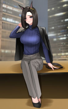 1girl absurdres air_groove_(umamusume) alternate_costume animal_ears black_jacket black_shoes blue_eyes blue_sweater blurry blurry_background blush bow breasts brown_hair commentary ear_bow ear_chain grey_pants hair_over_one_eye highres horse_ears horse_girl horse_tail jacket jacket_on_shoulders large_breasts linked_piercing long_sleeves looking_at_viewer pants piercing ribbed_sweater shoes short_hair sitting smile solo sweater tail threepitz turtleneck turtleneck_sweater umamusume