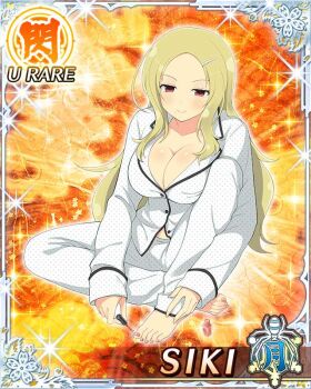 1girl applying_makeup applying_pedicure blonde_hair border breasts card_(medium) character_name cleavage closed_mouth game_cg hair_ornament hairclip knee_up large_breasts long_hair looking_down middle_part mole mole_under_mouth nail_polish official_art orange_background painting_toenails pajamas parted_bangs partially_unbuttoned red_eyes senran_kagura senran_kagura_new_wave shiki_(senran_kagura) sitting smile solo third-party_source white_pajamas