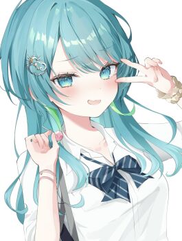 Rule 34 | 1girl, @ @, aoi sonata, aqua eyes, aqua hair, blue bow, blue bowtie, bow, bowtie, candy, collared shirt, commentary, commission, food, gradient eyes, green hair, hair ornament, highres, holding, holding candy, holding food, holding lollipop, indie virtual youtuber, light blush, lollipop, long hair, looking at viewer, multicolored eyes, multicolored hair, open mouth, sakuragi kohaku, scrunchie, shirt, short sleeves, simple background, skeb commission, solo, streaked hair, striped bow, striped bowtie, striped clothes, sweatdrop, v, virtual youtuber, white background, white shirt, wrist scrunchie
