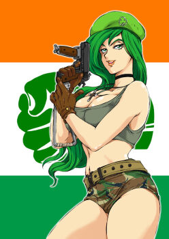 1girl breasts cleavage gloves green_eyes green_hair grin gun hat large_breasts legs long_hair looking_at_viewer midriff navel original saint_patrick&#039;s_day shiny_skin shorts smile solo tank_top thighs weapon