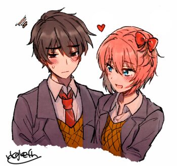 Rule 34 | black eyes, blue eyes, blush, bow, brown hair, brown suit, closed mouth, doki doki literature club, doki doki literature club school uniform, formal clothes, hair bow, heart, looking to the side, lowres, necktie, open mouth, orange hair, orange sweater vest, protagonist (doki doki literature club), red necktie, sayori (doki doki literature club), school uniform, shirt, short hair, signature, suit, sweatdrop, sweater vest, upper body, white shirt