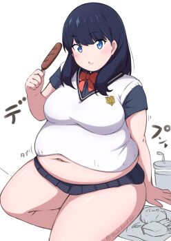 1girl absurdres black_hair blue_eyes breasts burger fast_food fat fat_woman food food_on_face french_fries gridman_universe highres hot_dog large_breasts masakin medium_hair midriff_peek miniskirt navel neck_ribbon open_mouth ribbon school_uniform sitting skirt solo ssss.gridman takarada_rikka thick_thighs thighs vest white_background