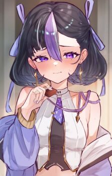Rule 34 | 1girl, bandaid, bandaid on finger, bandaid on hand, bare shoulders, black hair, blush, chocolate, collarbone, commentary, earrings, embarrassed, food, furrowed brow, goddess of victory: nikke, hair ribbon, highres, holding, holding chocolate, holding food, incoming food, indoors, jacket, jacket partially removed, jewelry, kunimoto rikuya, looking at viewer, mole, mole under eye, multicolored hair, necktie, purple eyes, purple hair, purple jacket, purple necktie, purple ribbon, purple rope, purple streaks, ribbon, rope, shirt, short hair, short necktie, solo, standing, streaked hair, sweat, syuen (nikke), two-sided fabric, two-sided jacket, untranslatable commentary, upper body, valentine, wavy mouth, white hair, white shirt, white streaks