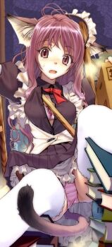 Rule 34 | 1girl, animal ears, apron, black dress, blush, book, bow, bra, cat ears, cat tail, clumsy, dress, fallen down, fang, female focus, frilled thighhighs, frills, headdress, hidari (left side), lingerie, maid, maid apron, open clothes, open dress, open shirt, original, panties, pantyshot, petticoat, pink panties, purple eyes, purple hair, purple panties, shirt, sitting, solo, striped clothes, striped panties, sweatdrop, tail, thighhighs, underwear, upskirt, white thighhighs