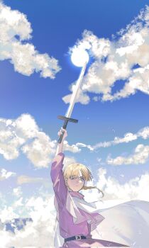 1girl belt belt_buckle black_belt blonde_hair blue_sky braid buckle capelet chi.:_chikyuu_no_undou_ni_tsuite cloak closed_mouth cloud cloudy_sky dress hair_between_eyes highres holding holding_sword holding_weapon jolenta k_morghania long_hair pink_capelet pink_dress single_braid sky solo sword upper_body weapon white_cloak yellow_eyes