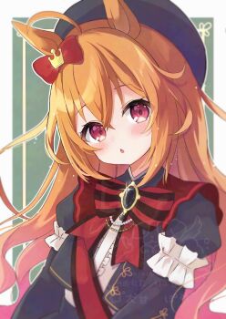 Rule 34 | 1girl, ahoge, animal ears, armband, beret, black bow, black gemstone, black jacket, black skirt, blush, bow, commentary, crown hair ornament, ear bow, frilled armband, frills, gem, hair between eyes, hair ornament, hat, highres, horse ears, horse girl, jacket, long hair, looking at viewer, orange hair, parted lips, potarou pomi, red bow, red eyes, red sash, royal family (the royal family), sash, shirt, skirt, striped bow, the royal family (tv series), upper body, white shirt