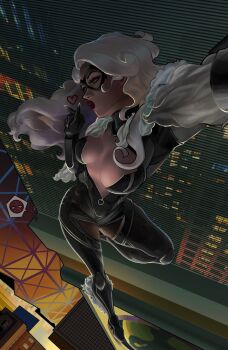 1boy 1girl black_bodysuit black_cat_(marvel) bodysuit breasts choker cleavage domino_mask eye_mask felicia_hardy fur-trimmed_bodysuit fur_trim gilded_mascaraline gloves highres large_breasts long_hair marvel mask smile spider-man spider-man_(series) white_hair