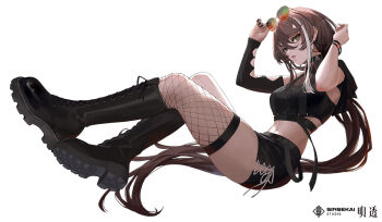 1girl asu_(sinsekai) black_boots black_nails black_shirt black_sleeves boots bracelet breasts brown_hair copyright_name crop_top earrings ekao eyelashes green_eyes hair_between_eyes holding holding_removed_eyewear jewelry kamitsubaki_studio long_hair midriff multicolored_hair navel parted_lips shirt single_fishnet_legwear single_sleeve single_thighhigh sinsekai_record solo streaked_hair sunglasses thighhighs unworn_eyewear white_hair