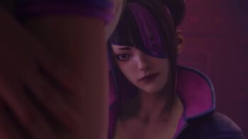 2girls animated baronstrap bdsm black_hair blonde_hair bound breasts cammy_white capcom catsuit eyepatch femdom green_leotard hair_horns han_juri leotard lip_bitting multiple_girls scar scar_on_face sound spanking street_fighter tagme tickle_torture tickling tight_clothes video yuri