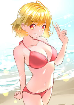 Rule 34 | 1girl, beach, bikini, blonde hair, breasts, cleavage, day, halterneck, navel, orange eyes, original, outdoors, red bikini, short hair, solo, standing, swimsuit, v, water, yamanaka kouji (yanchiki2001)