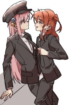 2girls alternate_costume anago_(anago_ng) black_suit blue_eyes blush bocchi_the_rock! cube_hair_ornament formal_clothes frown gotoh_hitori hair_ornament hat highres kita_ikuyo korean_commentary leg_between_thighs long_hair military_hat multiple_girls open_mouth pink_hair pulling_another's_clothes red_hair simple_background smile suit white_background yellow_eyes yuri