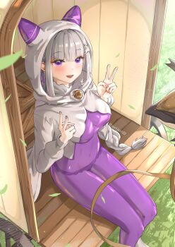 1girl bodysuit braid breasts commentary_request covered_navel emilia_(re:zero) grey_hair hair_ornament hood justjast long_hair looking_at_viewer medium_breasts official_alternate_costume panties purple_bodysuit purple_eyes purple_panties re:zero_kara_hajimeru_isekai_seikatsu underwear