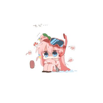 &gt;_&lt; ... 1girl blue_eyes blush bocchi_the_rock! chibi closed_eyes cube_hair_ornament diving_mask diving_mask_on_head flying_sweatdrops full_body goggles goggles_on_head gotoh_hitori gotoh_hitori_(octopus) grey_skirt hair_between_eyes hair_ornament jacket kelp long_hair mushroom_on_head nose_blush on_head one_side_up pants pants_under_skirt pink_hair pink_jacket pleated_skirt rebecca_(keinelove) simple_background sitting skirt snorkel spoken_ellipsis tears track_jacket track_pants track_suit translation_request turn_pale very_long_hair water white_background