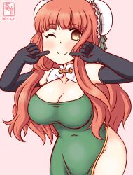 Rule 34 | 1girl, artist logo, black gloves, blush, braid, breasts, bun cover, china dress, chinese clothes, cleavage, cleavage cutout, clothing cutout, cowboy shot, de ruyter (kancolle), double bun, dress, elbow gloves, gloves, gradient background, green dress, green eyes, hair bun, kanon (kurogane knights), kantai collection, large breasts, long hair, looking at viewer, one-hour drawing challenge, pink background, red hair, sailor collar, smile, solo