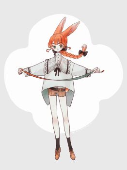 1girl :3 animal_ears belt belt_buckle black_belt black_bow black_socks bow braid braided_ponytail brown_shoes brown_shorts buckle closed_mouth collared_shirt commentary_request dated dress_shoes full_body green_eyes green_ribbon hair_bow high_collar holding holding_ribbon jacket limo_nine long_hair long_sleeves looking_to_the_side original outstretched_arms ponytail rabbit_ears rabbit_girl rabbit_tail red_hair red_ribbon ribbon shirt shoes shorts sidelocks signature socks solo spread_arms tail white_jacket white_shirt