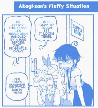 2girls ahoge blue_theme breasts choppy_bangs cup door earrings eavesdropping english_text glasses hair_between_eyes hair_ribbon holding holding_cup id_card jewelry lanyard long_hair medium_breasts misunderstanding mole mole_under_eye monochrome multiple_girls open_mouth original ribbon shirt short_hair speech_bubble studionice2011 surprised sweat talking v-shaped_eyebrows