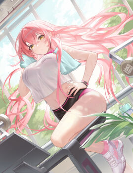 1girl bare_shoulders black_shorts breasts choker closed_mouth crop_top crop_top_overhang dutch_angle exercising floating_hair hair_spread_out hand_on_own_hip hand_up highres indoors large_breasts leg_up long_hair looking_at_viewer midriff multicolored_hair navel original pink_choker pink_hair pink_socks puckered_lips revision shirt shoes short_shorts shorts sleeveless sleeveless_shirt sneakers socks solo standing standing_on_one_leg stomach streaked_hair sweat thighs towel towel_around_neck treadmill very_long_hair white_shirt white_shoes wristband yellow_eyes yizhibao