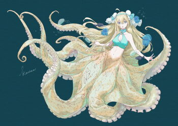 1girl ahoge air_bubble bikini bikini_top_only blonde_hair blue_background blue_eyes breasts bubble bun_cover character_name choker cleavage commentary_request commission cursive double_bun english_text hair_between_eyes hair_bun headband highres jellyfish long_hair long_sidelocks medium_breasts monster_girl nail_polish navel original outstretched_arms paper_texture scylla sidelocks solo soramaru_ell sparkle spread_arms suction_cups swimsuit tentacles underwater vgen_commission