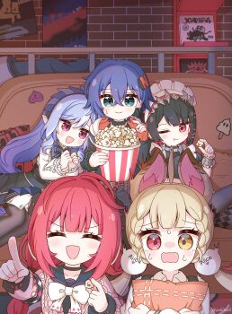 5girls absurdres alice_thymefield belle_(zenless_zone_zero) blush bucket couch eating ellen_joe fins fish_tail food girl_sandwich hair_ornament heterochromia highres holding holding_bucket holding_food maid_headdress multiple_girls on_couch one_eye_closed pointy_ears popcorn rabbit_girl sandwiched shark_girl shark_tail sphere_hair_ornament surprised tail ukinami_yuzuha vivian_banshee watching watching_television yoshinao_(yoshinao_0203) zenless_zone_zero