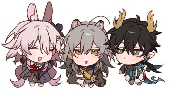 1boy 2girls ancient_greek_clothes animal_ear_fluff animal_ears arms_up barefoot beads belt black_cape black_dress black_flower black_gloves black_hair black_shirt blue_eyes blue_hair brown_belt camera cape chibi chibi_only chinese_clothes clothing_cutout coat commentary dan_heng_(honkai:_star_rail) dan_heng_(permansor_terrae)_(honkai:_star_rail) dragon_boy dragon_horns dragon_tail dress earclip earrings english_commentary evernight_(honkai:_star_rail) eyeliner flower flower_ornament full_body gauntlets gloves gradient_hair greco-roman_clothes grey_hair grey_pants hair_between_eyes hair_flower hair_ornament hairclip half-closed_eyes highres himation honkai:_star_rail honkai_(series) horns jewelry kemonomimi_mode lapels long_hair long_sleeves looking_at_another looking_up low_ponytail low_twintails majunjuu makeup march_7th_(honkai:_star_rail) multicolored_hair multiple_girls no_mouth official_alternate_costume official_alternate_hairstyle pants pink_hair pointy_ears ponytail rabbit_ears raccoon_ears raccoon_tail red_eyeliner red_flower shirt shoulder_cutout sidelocks simple_background single_bare_shoulder single_earring single_gauntlet single_glove standing stelle_(honkai:_star_rail) tail tassel teeth trailblazer_(honkai:_star_rail) twintails two-tone_dress very_long_hair wavy_hair white_background white_coat white_dress yellow_eyes yellow_pupils