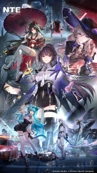 2boys 6+girls absurdres alphard_(nte) angel_wings animal_ear_fluff animal_ears aqua_hair baicang_(nte) bare_shoulders black_choker black_garter black_gloves black_hair black_jacket black_pants black_skirt black_thighhighs black_unitard blonde_streaks blue_eyes blue_streaks breasts brown_hair cat_ears cat_girl cat_tail chess_piece choker cleavage closed_mouth company_name copyright_logo copyright_name cross_in_eye crossed_legs daffodill_(nte) english_text female_esper_zero_(nte) fingerless_gloves formal_clothes gloves grey_hair hair_ornament hair_over_one_eye hat hathor_(nte) highres holding holding_umbrella jacket japanese_clothes jiuyuan_(nte) large_breasts logo long_hair male_esper_zero_(nte) merula_(nte) mint_(nte) motor_vehicle motorcycle multicolored_hair multiple_boys multiple_girls necktie neverness_to_everness official_art on_motorcycle one_eye_covered open_mouth pants phone_booth pink_eyes pink_streaks purple_eyes purple_necktie purple_streaks sandals shirt short_hair shorts single_wing skirt sleeve_belt streaked_hair suit tail thighhighs two-tone_hair umbrella white_hair white_pants white_shirt white_shorts white_thighhighs wings witch_hat yellow_eyes