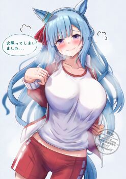 1girl absurdres animal_ears blue_hair blush braid breasts closed_mouth crown_braid highres horse_ears horse_girl horse_tail jacket large_breasts lio_(maguri) long_hair looking_at_viewer mejiro_ardan_(umamusume) purple_eyes red_jacket red_shorts shirt shorts sidelocks smile solo steaming_body sweat tail umamusume white_shirt