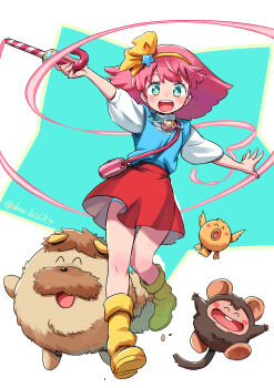 1girl ^_^ absurdres artist_name bag bird blue_vest boots bow buck_teeth candy candy_cane closed_eyes commentary dated dog flying food green_eyes hair_ornament hairband highres holding holding_wand isedaichi_ken jewelry looking_at_viewer magical_girl mahou_no_princess_minky_momo medium_hair minky_momo mocha_(minky_momo) monkey necklace open_mouth outstretched_arms panties pantyshot pink_bag pink_hair pipiru_(minky_momo) red_skirt shindobukku_(minky_momo) shirt shoulder_bag skirt smile spread_arms standing star_(symbol) star_hair_ornament teeth twitter_username underwear upskirt vest wand white_background white_panties white_shirt yellow_boots yellow_bow yellow_hairband