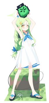 absurdres armpits arms_up blue_archive braid dan_nako demon_tail dress green_hair hair_ornament hair_ribbon hairpin halo highres hikari_(blue_archive) minecraft pout ribbon sandals single_braid tail white_dress