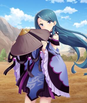 1girl ajirogasa animal animal_request aqua_hair architecture bare_shoulders beads blue_sky blunt_ends brown_hat chinese_clothes clothing_cutout cloud cosplay covered_mouth cowboy_shot day east_asian_architecture game_cg hat head_tilt holding holding_unworn_clothes holding_unworn_hat journey_to_the_west long_hair long_sleeves looking_at_viewer official_art outdoors prayer_beads purple_eyes purple_robe robe shoulder_cutout sky solo third-party_source toji_no_miko toji_no_miko:_kizamishi_issen_no_tomoshibi tree unworn_hat unworn_headwear watanuki_kazumi wide_sleeves zhu_bajie zhu_bajie_(cosplay)