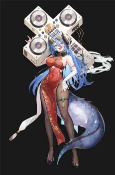 1girl :d absurdres diamond_cutout bare_shoulders black_background black_shoes blue_hair breasts bridal_gauntlets brown_pantyhose china_dress chinese_clothes cleavage clothing_cutout covered_navel cross dj double-parted_bangs dragon dragon_girl dragon_horns dragon_tail dress eyewear_on_head floral_print forehead full_body hair_between_eyes headphones headphones_around_neck high_heels highres holding holding_smoking_pipe horns jade_(gemstone) large_breasts large_tail legs_apart long_dress long_hair mixing_console mokovancy o-ring open_mouth original pantyhose red_dress red_nails shoes simple_background smile smoke smoking_pipe solo spikes tail tassel taut_clothes taut_dress teeth thigh_strap upper_teeth_only western_dragon wire yellow_eyes