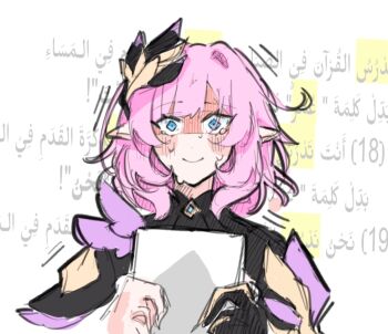Rule 34 | 1girl, black gloves, black shrug, blue eyes, commentary, elf, elysia (honkai impact), elysia (miss pink elf) (honkai impact), english commentary, gloves, hair ornament, highres, holding, holding paper, honkai (series), honkai impact 3rd, karetokoi, looking at viewer, nervous smile, paper, pink hair, pointy ears, shrug (clothing), simple background, single glove, smile, solo, translation request, upper body, white background