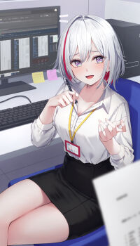 1girl absurdres black_skirt collared_shirt commentary_request crossed_legs grey_hair highres holding holding_pen honkai:_star_rail honkai_(series) id_card indoors looking_at_viewer multicolored_eyes office_lady open_mouth pen pencil_skirt red_hair sakuno_(sksk_sakuno) shirt short_hair sitting skirt smile solo topaz_(honkai:_star_rail) white_shirt