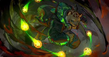 1boy absurdres animal_ears colored_sclera commentary full_body furry furry_male glowing green_eyes green_sclera headphones headphones_around_neck highres hood hooded_jacket jacket looking_at_viewer male_focus orange_fur original pants solo star_(symbol) tail tiger_boy tiger_ears tiger_stripes tiger_tail wincalblanke