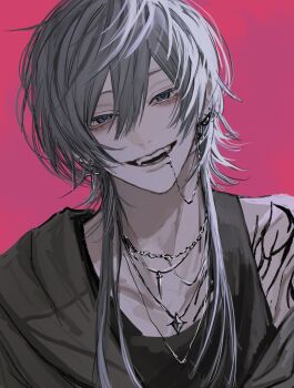 1boy arm_tattoo black_tank_top commentary ear_piercing face_piercing grey_eyes grey_hair grey_jacket hair_between_eyes highres jacket lip_piercing long_hair looking_at_viewer male_focus mizooti_0 open_clothes open_jacket open_mouth original piercing pink_background simple_background smile solo tank_top tattoo teeth upper_body