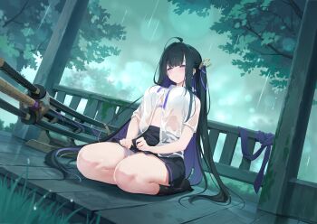 1girl ahoge bandaged_leg bandages black_hair black_skirt black_socks bow bow_bra bra breasts chitose_(stella_sora) cleavage colored_inner_hair dutch_angle full_body game_cg half-closed_eyes highres katana large_breasts long_hair long_sidelocks looking_to_the_side miniskirt mole mole_under_eye moss multicolored_hair neck_ribbon non-web_source official_art on_blanket one_side_up open_clothes open_shirt outdoors pleated_skirt purple_bow purple_eyes purple_hair purple_ribbon rain revision ribbon see-through_clothes see-through_shirt seiza shirt sidelocks sitting skirt socks solo stella_sora sword underwear undone_neck_ribbon very_long_hair very_long_sidelocks weapon weapon_rack wet wet_clothes wet_shirt white_bra white_shirt