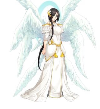 1girl angel angel_wings azuel_(choukou) bare_shoulders black_hair blue_eyes breasts choukou_(alicesoft) choukou_shinki_ixseal detached_sleeves dress feathered_wings full_body game_cg glasses gold_trim hair_ornament hair_over_one_eye horns large_breasts long_dress long_hair looking_at_viewer multiple_wings non-web_source official_art onigirikun parted_lips solo standing transparent_background variant_set very_long_hair white_dress white_wings wings