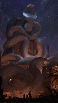 absurdres ancient_egyptian ancient_egyptian_architecture animal bobcat commentary english_commentary felixriano from_behind giant_snake glowing glowing_eyes highres leaf night original oversized_animal painterly people scenery sky snake star_(sky) starry_sky statue tower