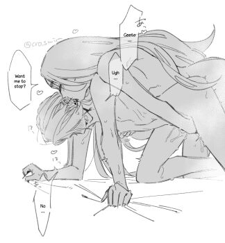 Rule 34 | 2girls, ^ ^, all fours, bed sheet, biting, biting ear, blush, closed eyes, covered eyes, ear piercing, feet out of frame, fingering, from side, front-to-back, geeta (pokemon), greyscale, hard-translated, heart, long hair, monochrome, multiple girls, nintendo, open mouth, piercing, pokemon, pokemon sv, pussy juice, rika (pokemon), sheet grab, shougo-akira, signature, speech bubble, third-party edit, translated, twitter username, yuri