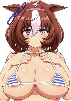 1girl :3 absurdres animal_ears bikini blue_bikini blue_ribbon blush box_wonderland breasts brown_hair cleavage closed_mouth commentary english_commentary hair_between_eyes hair_ribbon hairband highres horse_ears horse_girl huge_breasts index_fingers_together looking_at_viewer meisho_doto_(umamusume) micro_bikini multicolored_hair pink_hairband purple_eyes ribbon short_hair smile solo striped_bikini striped_clothes swimsuit two-tone_hair umamusume white_hair