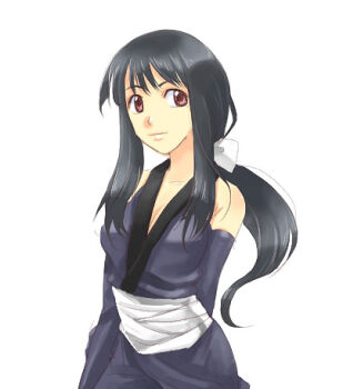 Rule 34 | 1girl, arms behind back, assassin (ragnarok online), bandages, bandages over clothes, black hair, breasts, cleavage, closed mouth, commentary request, dated commentary, elbow gloves, gloves, grey gloves, grey shirt, looking at viewer, low ponytail, lowres, medium breasts, oomojiya, orange eyes, ponytail, ragnarok online, shirt, sidelocks, simple background, sleeveless, sleeveless shirt, smile, solo, upper body, white background