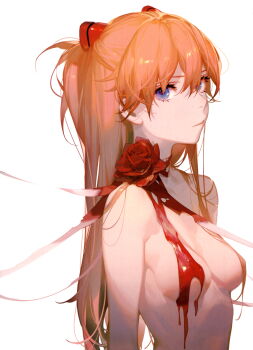 Rule 34 | 1girl, absurdres, ask (askzy), blood, blue eyes, breasts, closed mouth, female focus, flower, highres, long hair, neon genesis evangelion, nude, orange hair, red flower, red rose, rose, small breasts, solo, souryuu asuka langley, white background